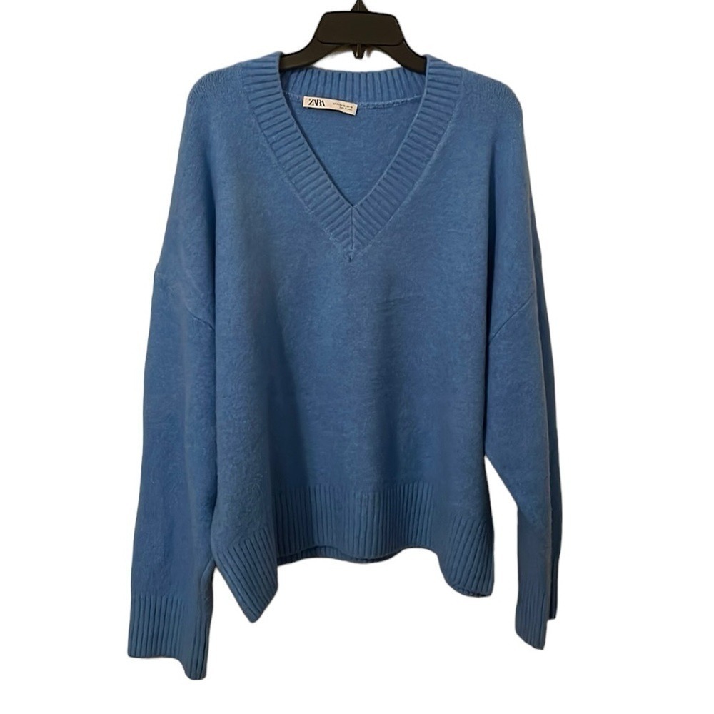 ZARA | Women's Sky Blue V-Neck Rib Sleeve/Neck Sweater Size XL